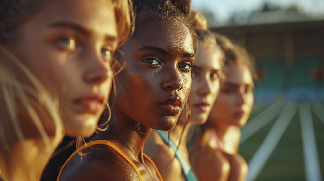 Athlètes féminines alignées sur la piste d'athlétisme.
